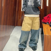 Hearujoy Color Match Ripped Hole Baggy Multi-pockets Wide Leg Cargo Pants Mens Streetwear Patchwork Loose Baggy Overalls Oversized Jeans